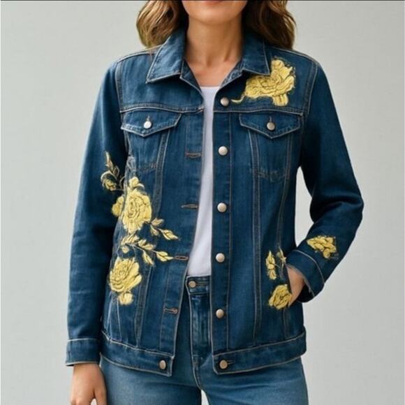 Lularoe Jean Jacket Women Medium Boho Gold Embroidery Flowers Dark Denim Pockets - Picture 1 of 10